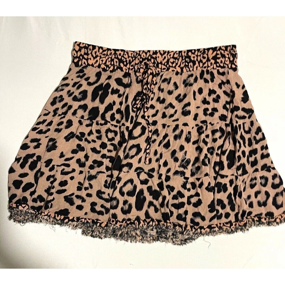 Umgee Women's Beige/Black Leopard Print Mini Skirt M Pull-On Elastic Woven Rayon